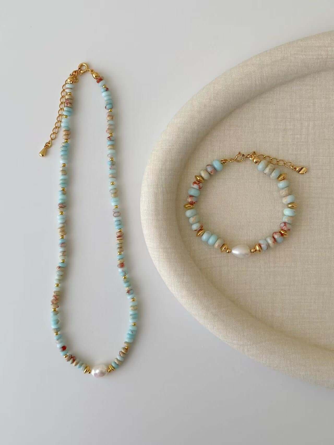 RXYjewelry Vintage pearl and turquoise jewelry set – necklace and bracelet handmade with sterling silver