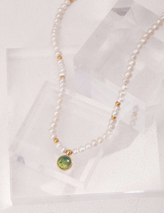 Elegant Silver Natural Pearls Moss-Agate Necklace - RXYjewelry