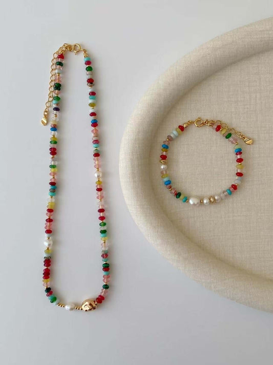 RXYJEWELRY Colorful Dopamine Baroque necklace and bracelet set with double-sided polished finish.