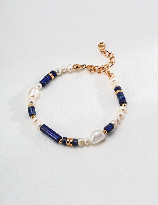 Lapis Lazuli and pearl bracelet in blue and white – energy jewelry by RXYJewelry