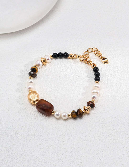 Silver Natural Pearl Tiger-eye Black-onyx Resin Bracelet - RXYjewelry