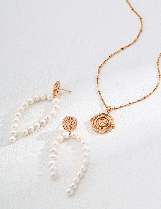 RXY Eternal Eye Silver Vintage Golden Natural Pearl Earrings - RXYjewelry