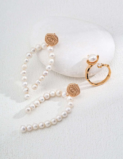 RXY Eternal Eye Silver Vintage Golden Natural Pearl Earrings - RXYjewelry
