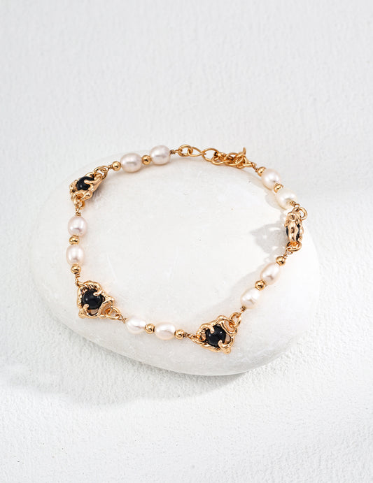 RXYjewelry Silver Vintage Style Natural Pearls Onyx Bracelet
