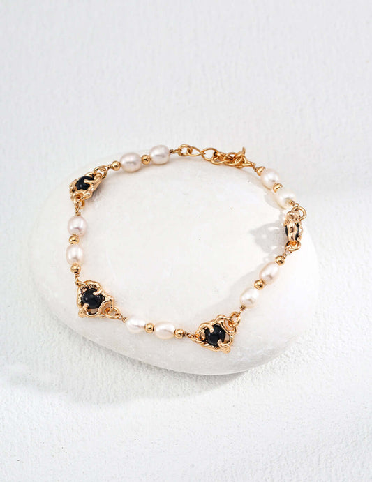 RXYjewelry Silver Vintage Style Natural Pearls Rose Quartz Bracelet