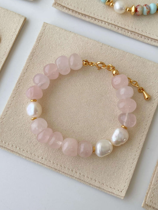 RXYjewelry Silver Vintage Style Natural Pearls Rose Quartz Bracelet