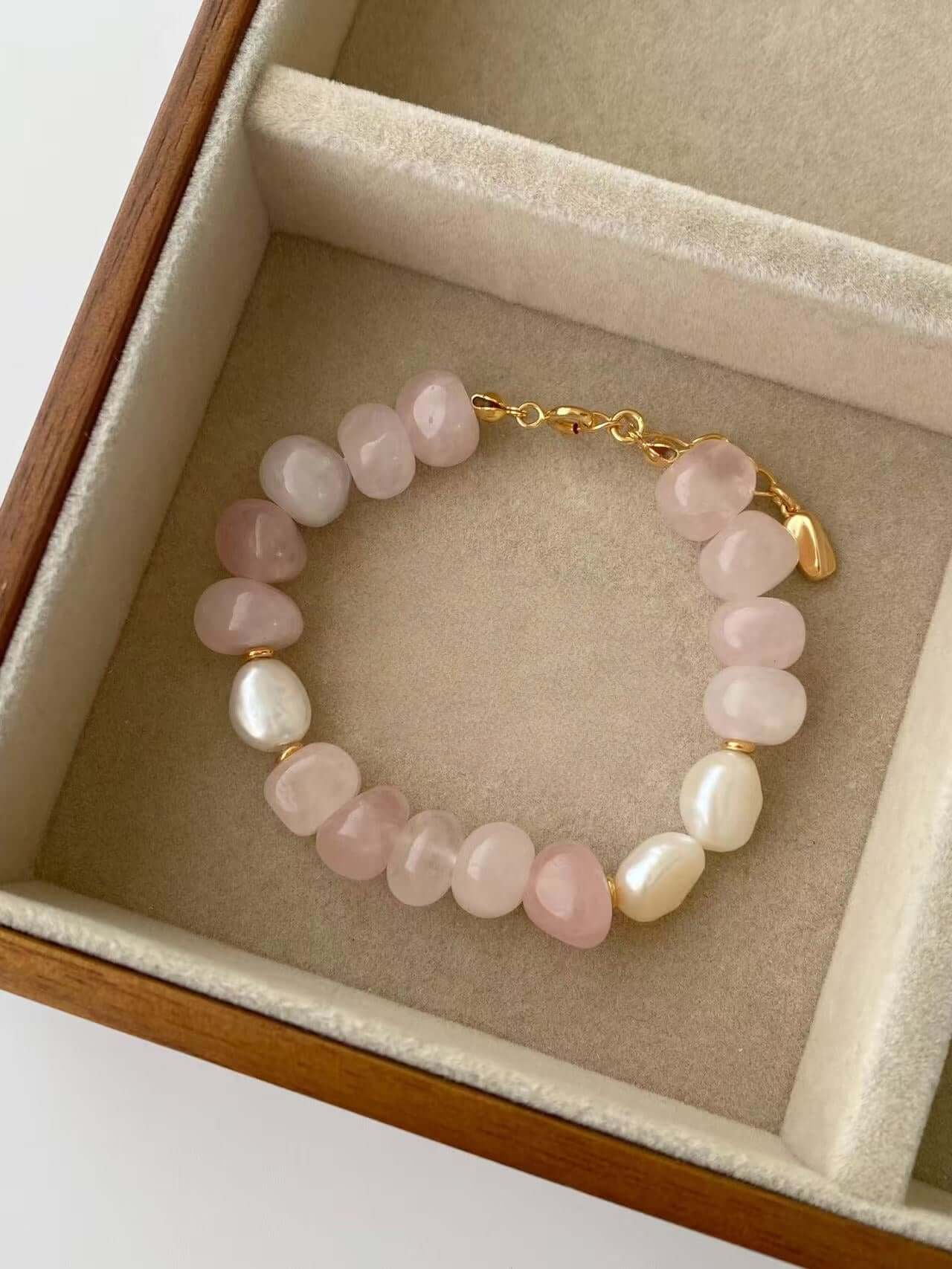 RXYjewelry Silver Vintage Style Natural Pearls Rose Quartz Bracelet