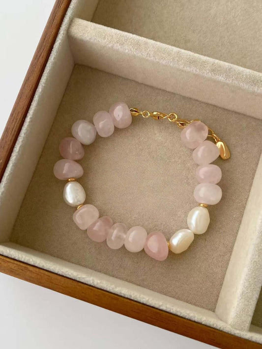 RXYjewelry Silver Vintage Style Natural Pearls Rose Quartz Bracelet