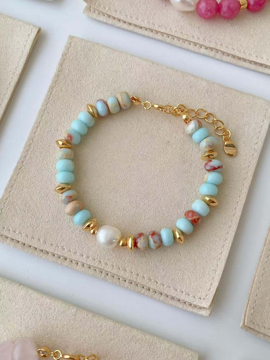 RXYjewelry Natural freshwater pearls and turquoise stone bracelet with gold-plated accents