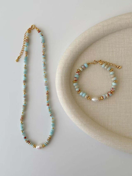 RXYjewelry Vintage pearl and turquoise jewelry set – necklace and bracelet handmade with sterling silver