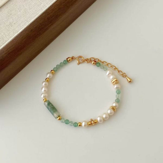 RXY Handcrafted green agate and quartz beaded necklace and bracelet set with calming, earthy tones