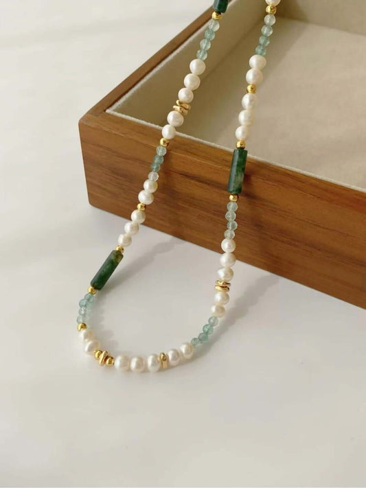 RXY Natural gemstone jewelry set with polished green agate and clear quartz beads, including necklace and bracelet