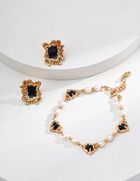 RXYjewelry Silver Vintage Style Natural Pearls Onyx Bracelet