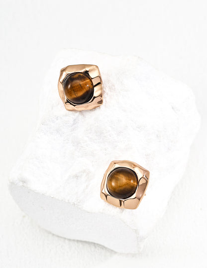 RXY Tiger’s Eye Stud Earrings – Gold Plated Textured Setting