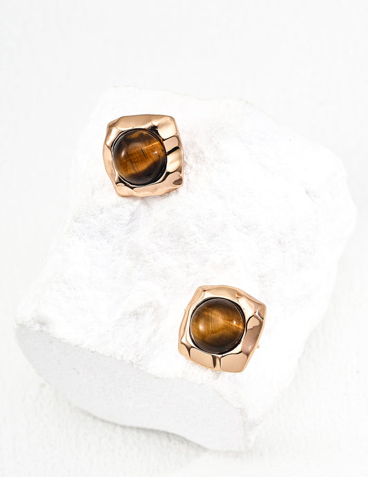 RXY Tiger’s Eye Stud Earrings – Gold Plated Textured Setting