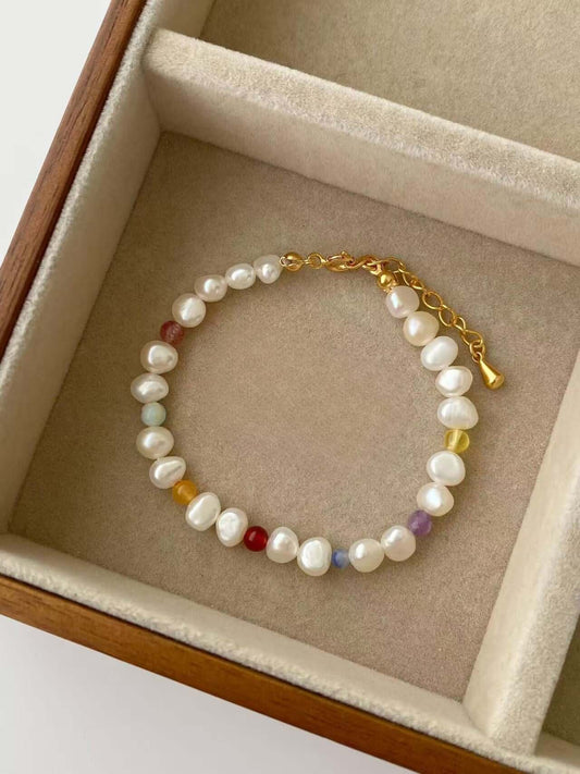 RXYjewelry Natural freshwater pearl necklace and bracelet set with silver-gold toned clasp and colorful beading