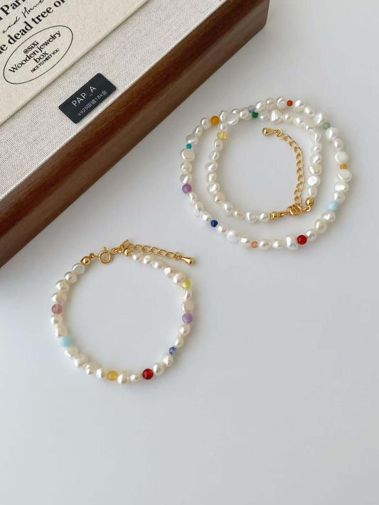RXYJEWELRY Handmade pearl necklace and bracelet set with gold clasps and colorful accent beads.