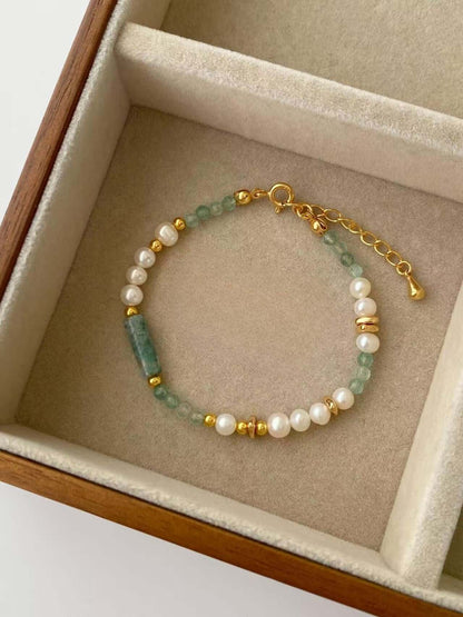 rxyjewelry Elegant beaded jewelry set made with genuine green agate and quartz stones, featuring gold clasp accents