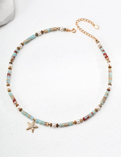 Star-shaped necklace with agalmatolite gemstone and pearls – RXYJewelry