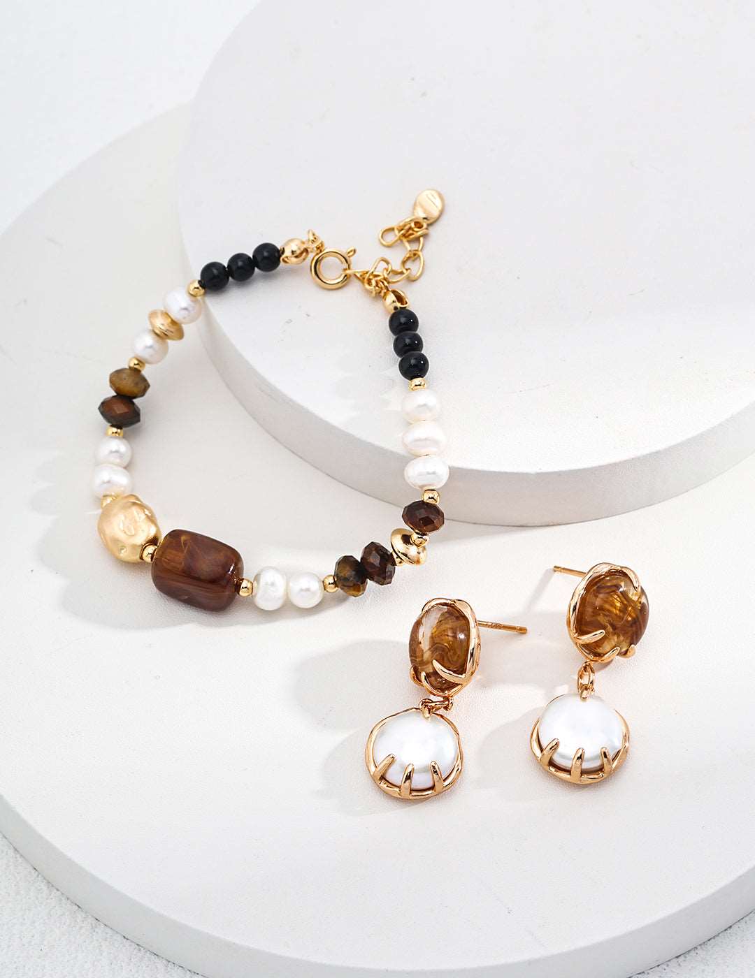 Silver Natural Pearl Tiger-eye Black-onyx Resin Bracelet - RXYjewelry