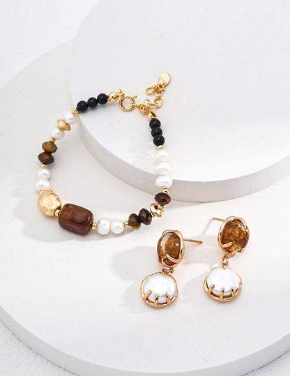 Silver Natural Pearl Tiger-eye Black-onyx Resin Bracelet - RXYjewelry
