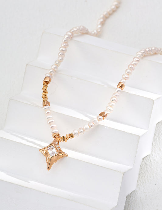 Silver Natural Pearl Cubic Zircon Pendant Necklace_RXYJewelry