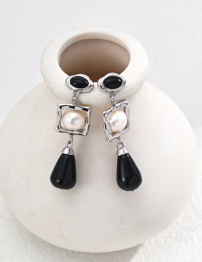 RXY Silver Natural Pearl Onyx Earrings - RXYjewelry