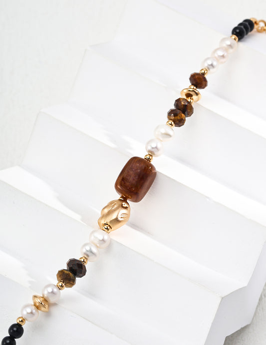 Silver Natural Pearl Tiger-eye Black-onyx Resin Bracelet - RXYjewelry