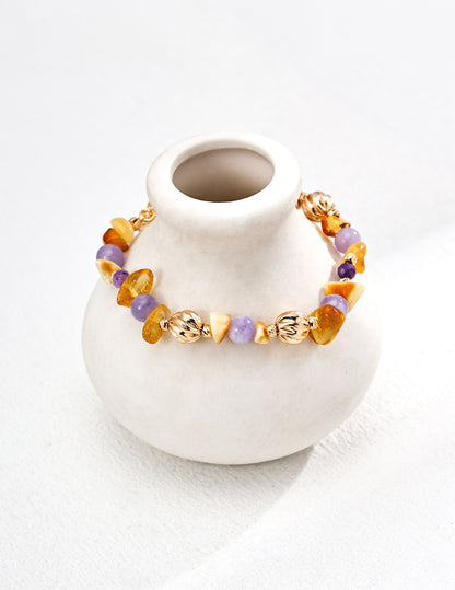 RXY Silver Natural Beeswax and Amethyst Gemstone Bracelet with silver accents