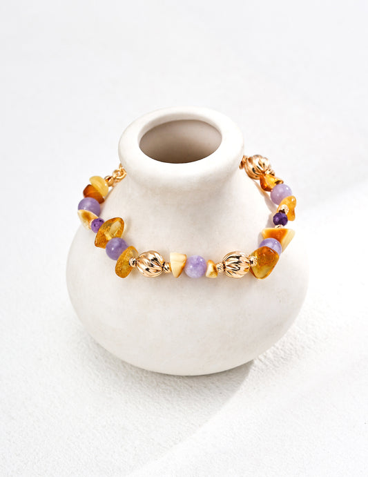 RXY Silver Natural Beeswax and Amethyst Gemstone Bracelet with silver accents