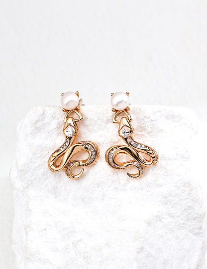 RXY Silver Vintage Pearl and Zirconia Serpent Earrings with silver setting