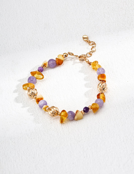 RXY Silver Natural Beeswax and Amethyst Gemstone Bracelet with silver accents.