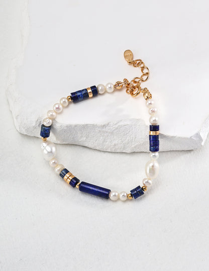 Lapis Lazuli and pearl bracelet in blue and white – energy jewelry by RXY-Jewelry