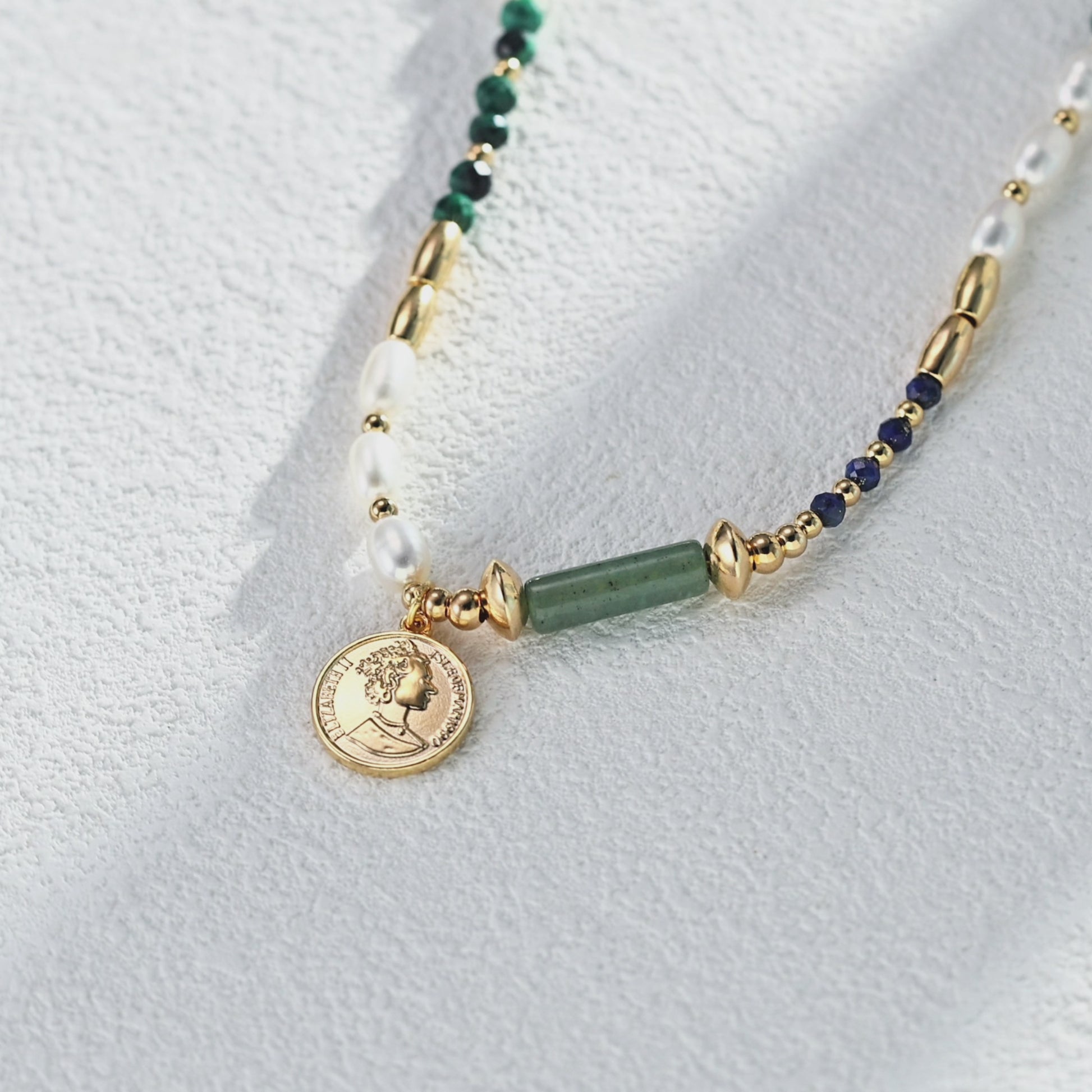 Sterling Silver  Natural Pearl Malachite Lapis Lazuli Pendant Necklace