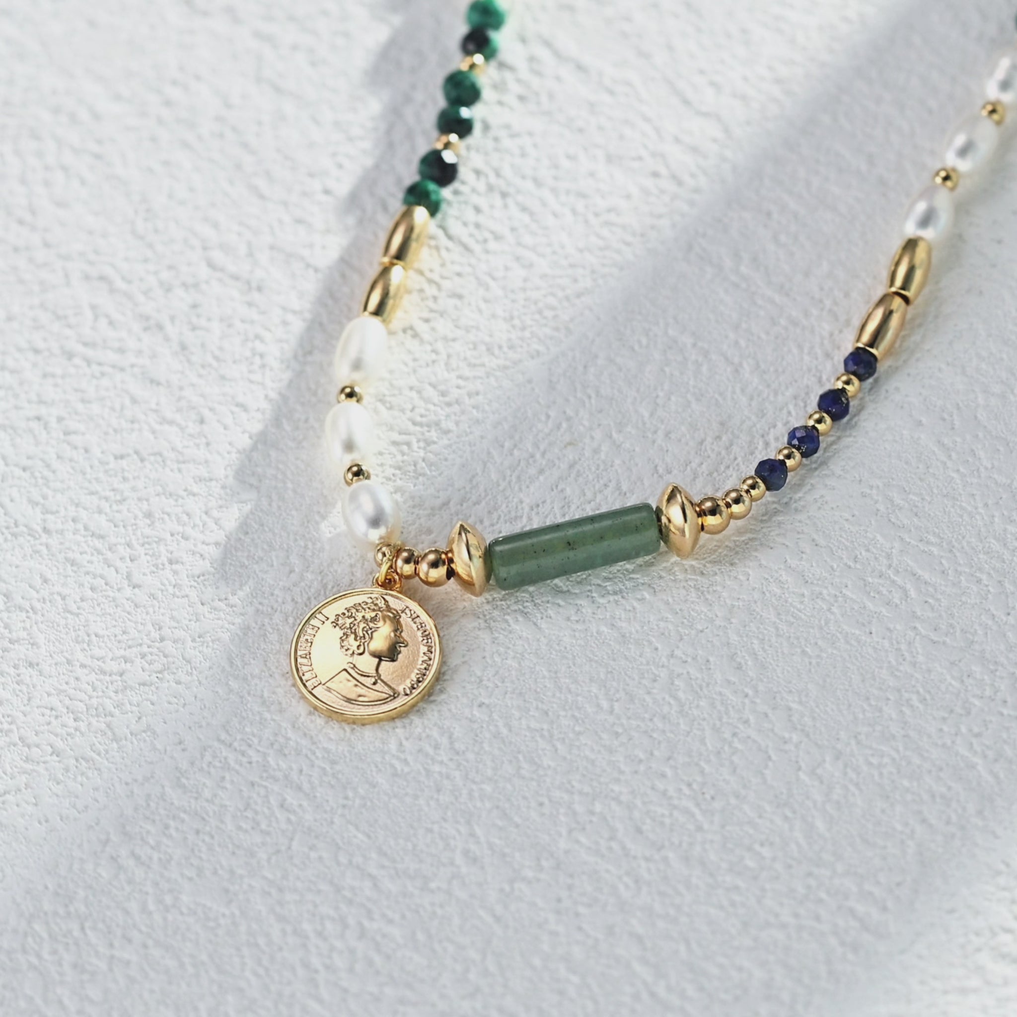 Sterling Silver  Natural Pearl Malachite Lapis Lazuli Pendant Necklace