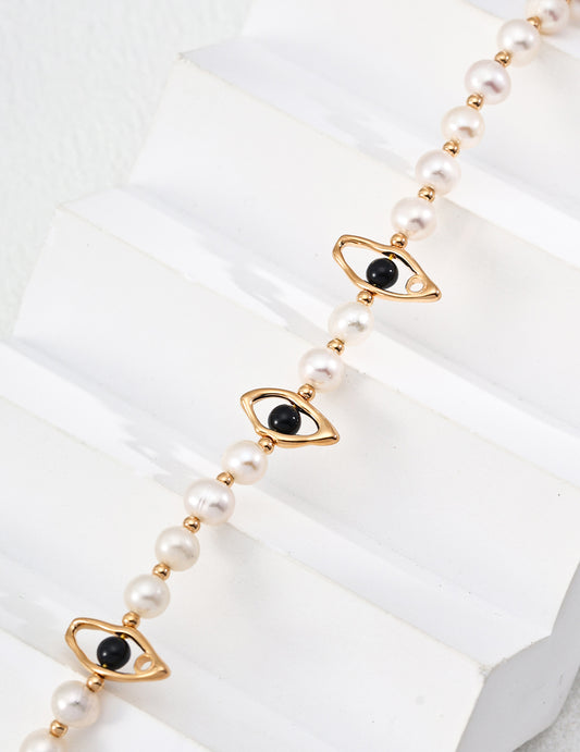 RXY Silver Natural Pearl Onyx Necklace
