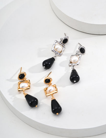 RXY Silver Natural Pearl Onyx Earrings - RXYjewelry