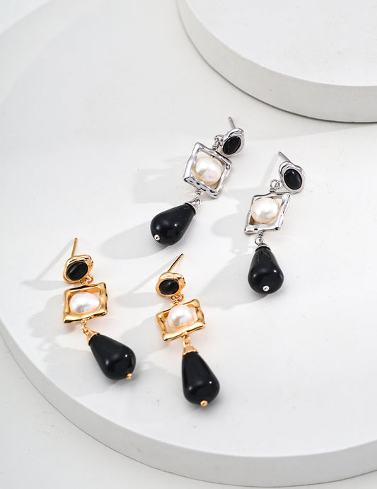 RXY Silver Natural Pearl Onyx Earrings - RXYjewelry